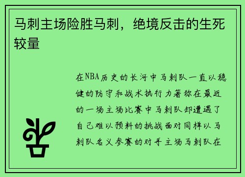 马刺主场险胜马刺，绝境反击的生死较量